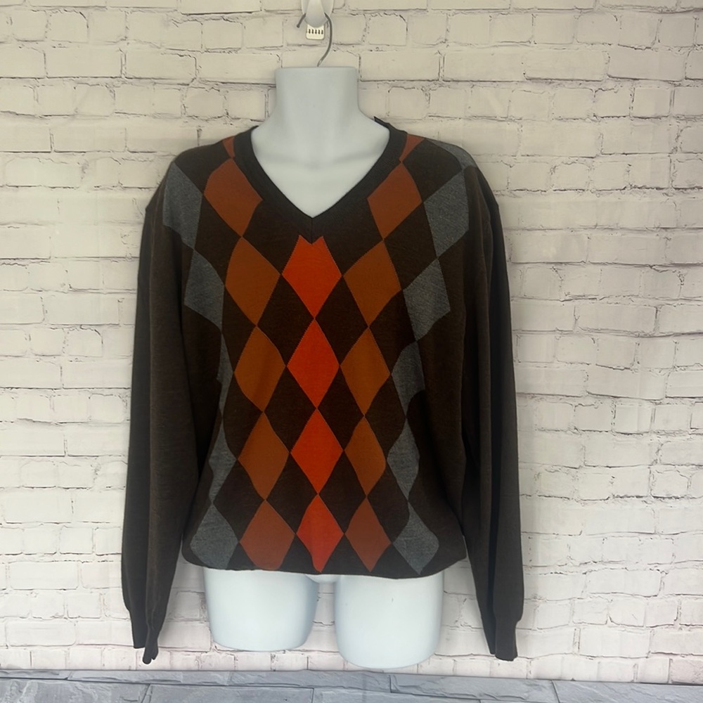 Valda By Toscano Italian merino wool & Acrylic argyle brown sweater size XL